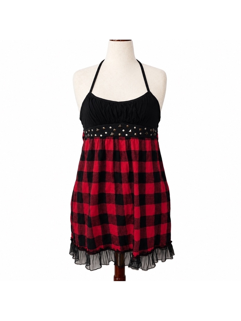 Olsenboye Buffalo Plaid Studded Halter Mini Dress XL Y2K